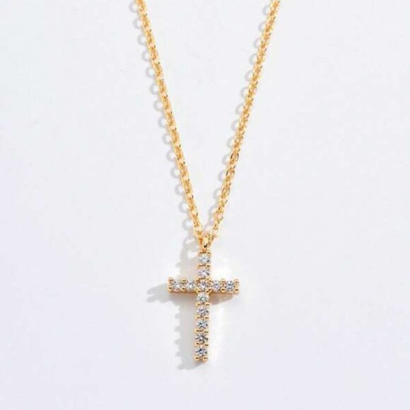18k Gold over Sterling Silver Cross Pendant Necklace with Sparkling Stones - Picture 2 of 3